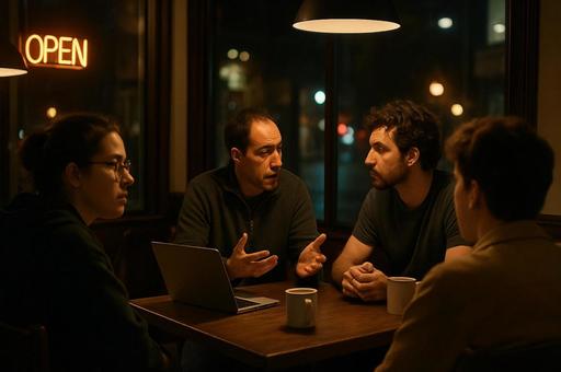 夜のカフェで交わす会話の写真