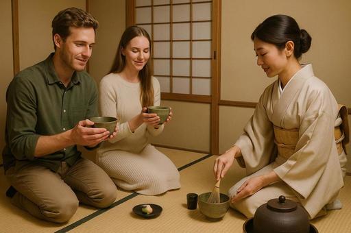 茶道体験をする外国人観光客 茶道体験をする外国人観光客の写真