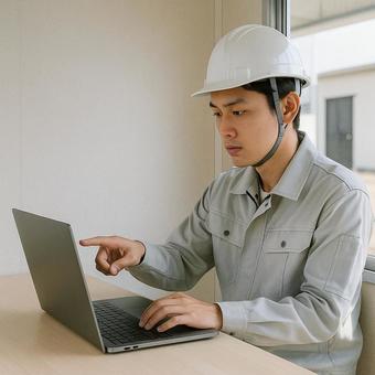 ノートPCを操作する現場作業員の写真