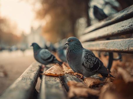 公園ベンチと秋の鳩たち 公園ベンチと秋の鳩たちの写真