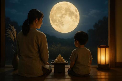 満月に照らされる親子の月見風景 満月に照らされる親子の月見風景の写真