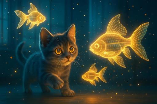 見上げる子猫と光魚 見上げる子猫と光魚の写真