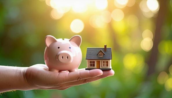 ブタの貯金箱と家の模型を持つ男性の手  ブタの貯金箱と家の模型を持つ男性の手の写真