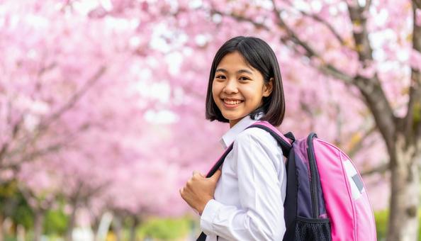 桜の下でランドセルを背負う日本人の女の子 桜の下でランドセルを背負う日本人の女の子の写真
