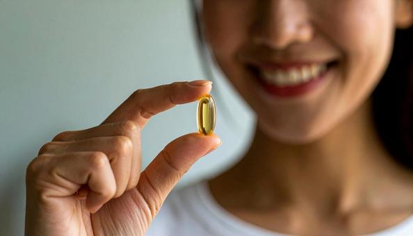 薬一錠を親指と人差し指で持つ女性 薬一錠を親指と人差し指で持つ女性の写真