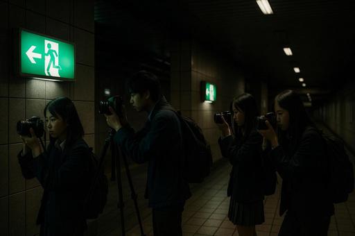 非常口を撮影する人物 非常口を撮影する人物の写真