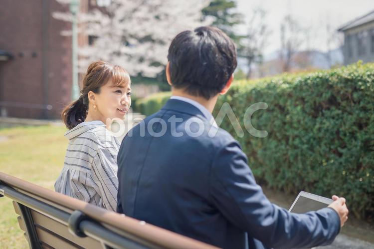 カジュアルビジネスの会社員 桜,春,男女の写真素材