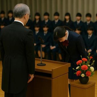 卒業証書授与の前に女子生徒が校長に一礼 卒業証書授与の前に女子生徒が校長に一礼の写真