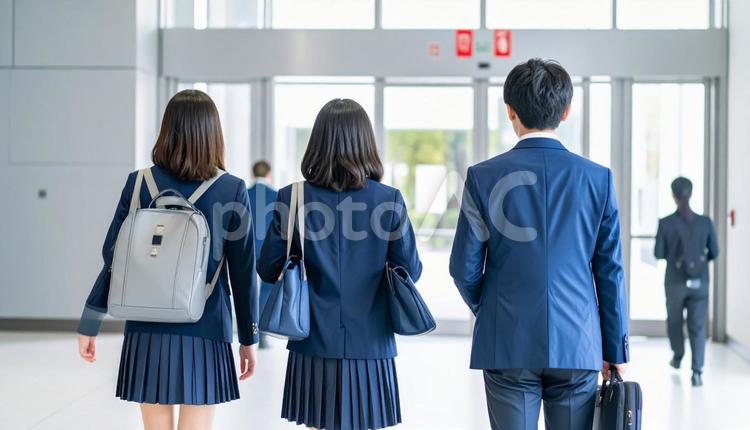 試験会場入りをする受験生たちの後ろ姿 試験会場,高校生,受験会場の写真素材