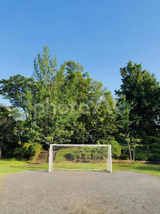 公園のサッカーゴールと鮮やかな新緑2 サッカーゴール,サッカーグラウンド,運動場の景色の写真素材