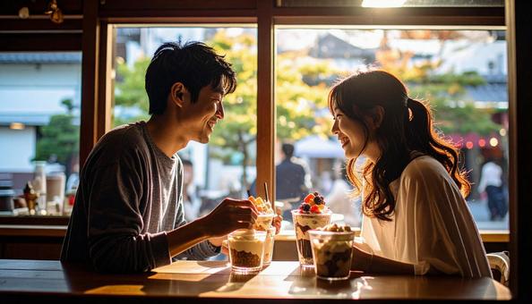 カフェでパフェを楽しむカップル カフェでパフェを楽しむカップルの写真