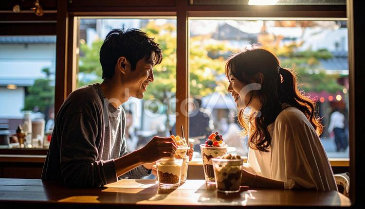 カフェでパフェを楽しむカップル カップル,デート,食事の写真素材