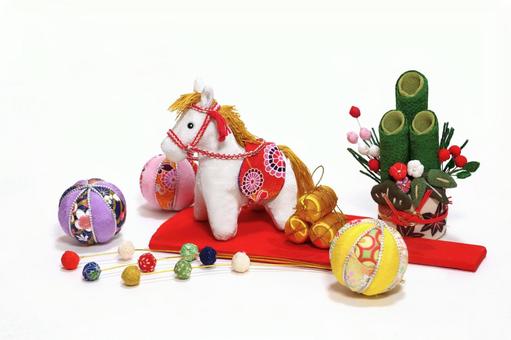 午年年賀状　白馬と和鞠と門松と金俵 午年,年賀状,かわいいの写真素材