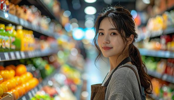 スーパーで買物をする女性のポートレート スーパーで買物をする女性のポートレートの写真