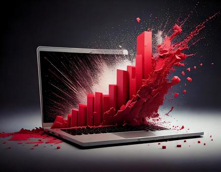 Bar graph of notebook computer falling into the red, deficit, bankruptcy, cut back, JPG