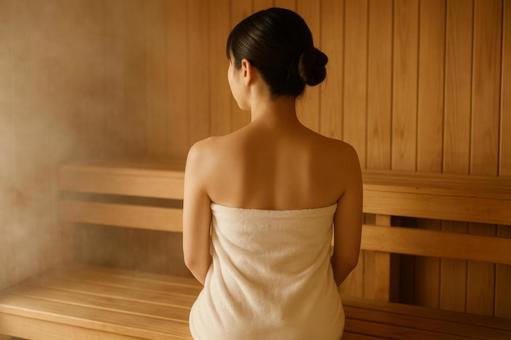 サウナで整う女性の後ろ姿 サウナで整う女性の後ろ姿の写真