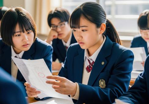 テスト結果を見つめる女子学生の写真