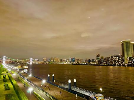東京湾とビル群とレインボーブリッジの夜景 東京湾とビル群とレインボーブリッジの夜景 東京湾,空,夜の写真素材