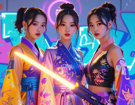 近未来的な韓服風衣装を着た3人グループの写真