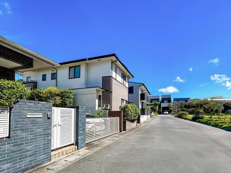 広々とした道沿いに建つ戸建て住宅 家,戸建て,住宅の写真素材