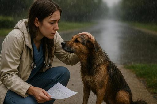 雨の中の犬と獣医師 雨の中の犬と獣医師の写真
