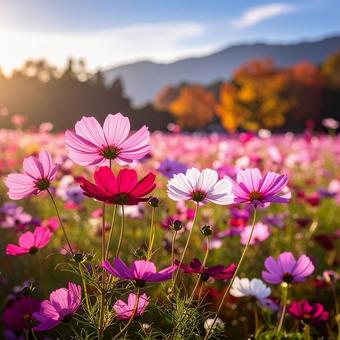 秋のコスモス畑 秋のコスモス畑の写真