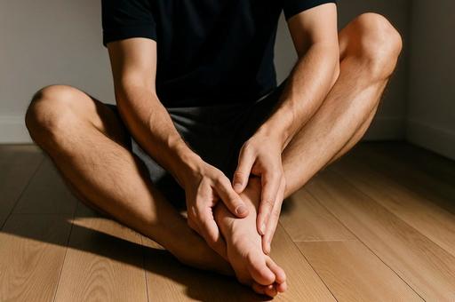 痺れた足をさする男性・足のしびれ・疲れの写真