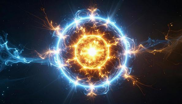 青とオレンジの光のエネルギー球 青とオレンジの光のエネルギー球の写真