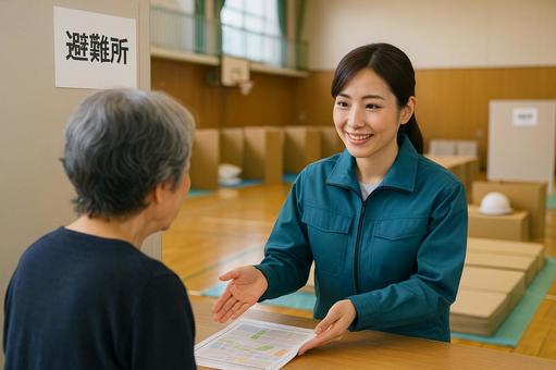 避難所で住民を案内する職員 避難所で住民を案内する職員の写真