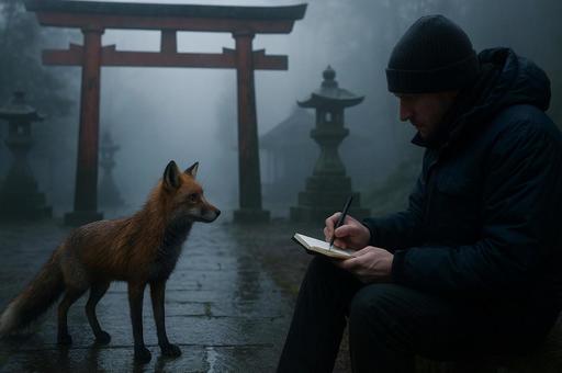 霧の神社と狐の邂逅 霧の神社と狐の邂逅の写真
