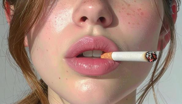 タバコを咥えた女性の口元 タバコを咥えた女性の口元の写真