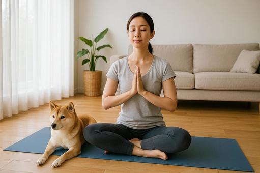 犬とヨガ時間の写真
