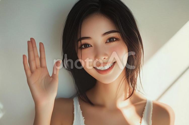 手を振る笑顔の日本女性 女性,モデル,美人の写真素材