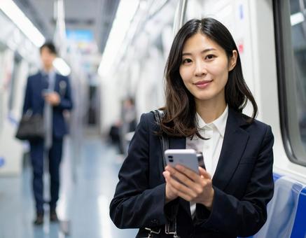 ビジネスシーン・地下鉄出張、スマホを見る ビジネスシーン・地下鉄出張、スマホを見るの写真