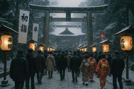 雪景色と初詣客の行列の写真