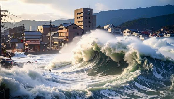 津波が押し寄せる住宅街 津波が押し寄せる住宅街の写真