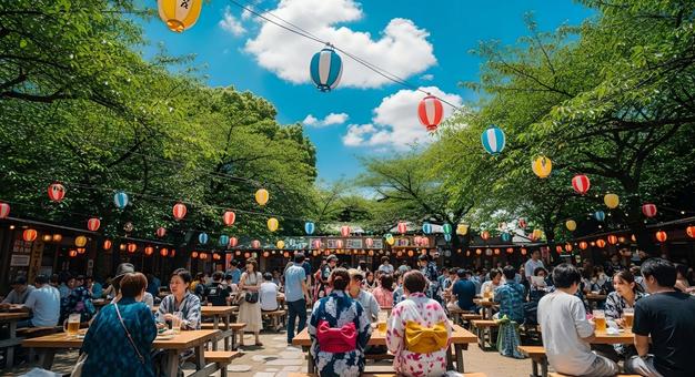 夏祭りの風情とビールを楽しむビアガーデン 夏祭りの風情とビールを楽しむビアガーデンの写真