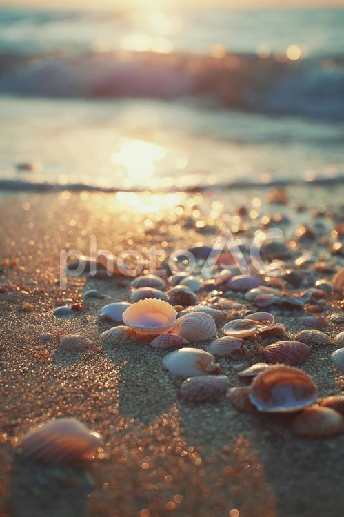光に照らされた、砂浜に打ち上げられた貝殻 貝殻,ビーチ,砂浜の写真素材