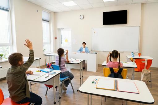 手を挙げる生徒の後ろ姿 女性,女の子,男の子の写真素材