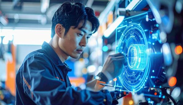 Maintaining machinery while viewing a hologram, hologram, machine maintenance, factory, JPG