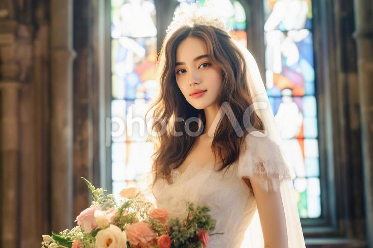 教会の中の笑顔の新婦 女性,ウエディングドレス,人物の写真素材