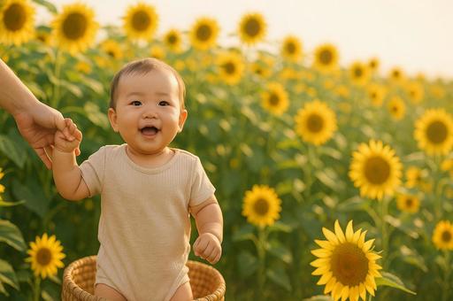ひまわり畑で親子で手を繋いでいる ひまわり畑で親子で手を繋いでいるの写真