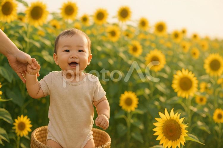 ひまわり畑で親子で手を繋いでいる 子供,かわいい,楽しいの写真素材