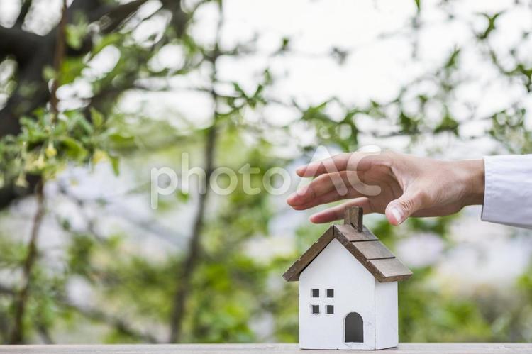 住宅模型と緑ぼかし 住宅,家,建築の写真素材