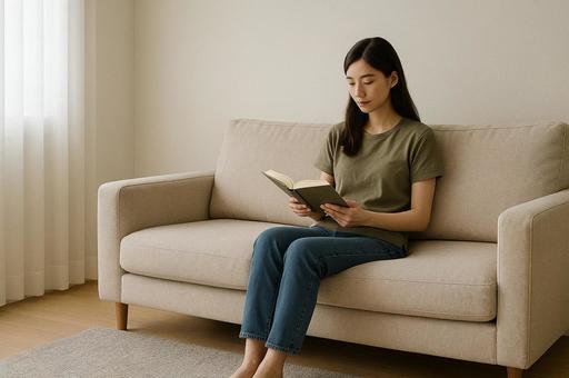 リビングで本を読む女性 リビングで本を読む女性の写真