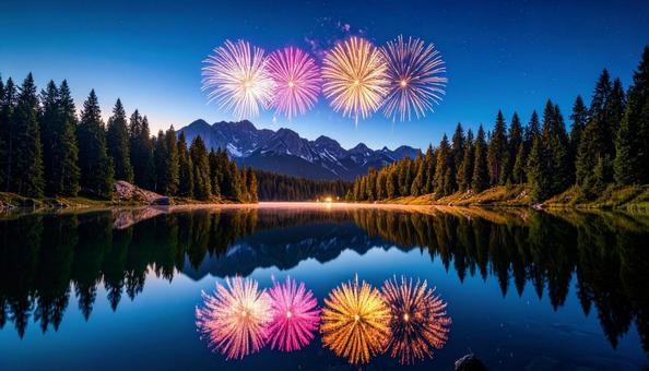 林に囲まれ、水面に色とりどりの花火 林に囲まれ、水面に色とりどりの花火の写真
