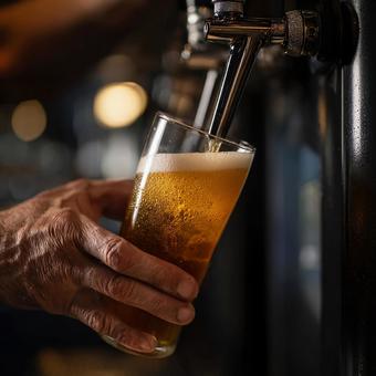 泡立つビールと熟練のバーテンダーの手元 泡立つビールと熟練のバーテンダーの手元の写真