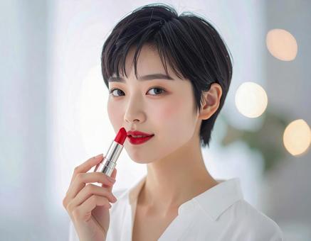 リップを塗る若い女性の美容ポートレート リップを塗る若い女性の美容ポートレートの写真