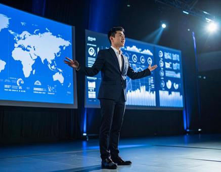 ステージ上で堂々とプレゼンする男性 ステージ上で堂々とプレゼンする男性の写真