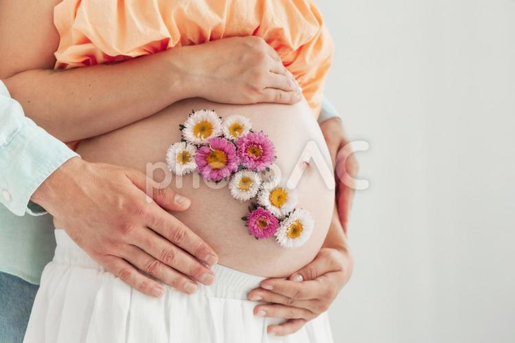 お腹に花を並べている妊婦に抱きつく人の手元 手元,水色,女性の写真素材